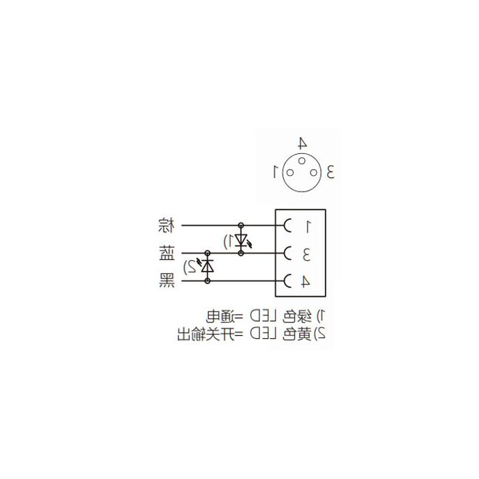 M8 3-PIN, female 90°, LED light, IP 69K-ECOLAB、食品级、单端预铸PUR柔性电缆、黑色护套、63E001-XXX